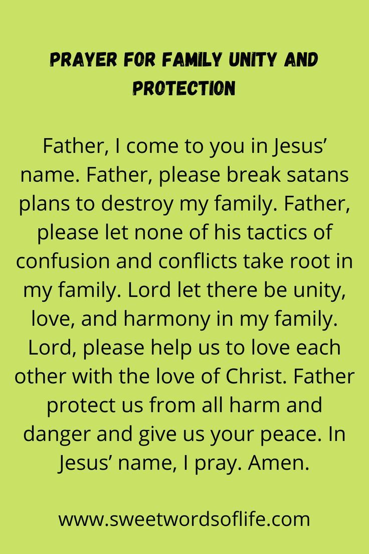 a green background with the words prayer for family unty and protection written on it