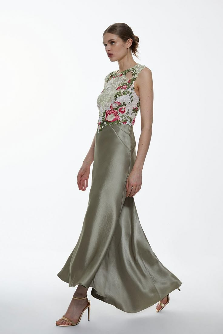 The Epitome Of Elegance, This Maxi Dress Is Perfectly Suited To Special Occasions. A Satin Skirt Flows Gracefully With Every Step, While The Bodice Is Crafted From Luxurious Guipure Lace And Features An Array Of Floral Motifs.Guipure Lace Bodicefloral Embroiderysatin Skirt Latest Bridesmaid Dresses, Boho Mother, Latest Maxi Dresses, Bridesmaid Dress Collection, Mother Of Bride Outfits, Maxi Dress Collection, Mother Of Groom Dresses, Mother Of The Bride Outfit, Mob Dresses