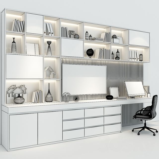 a computer desk sitting in front of a white book shelf filled with lots of books