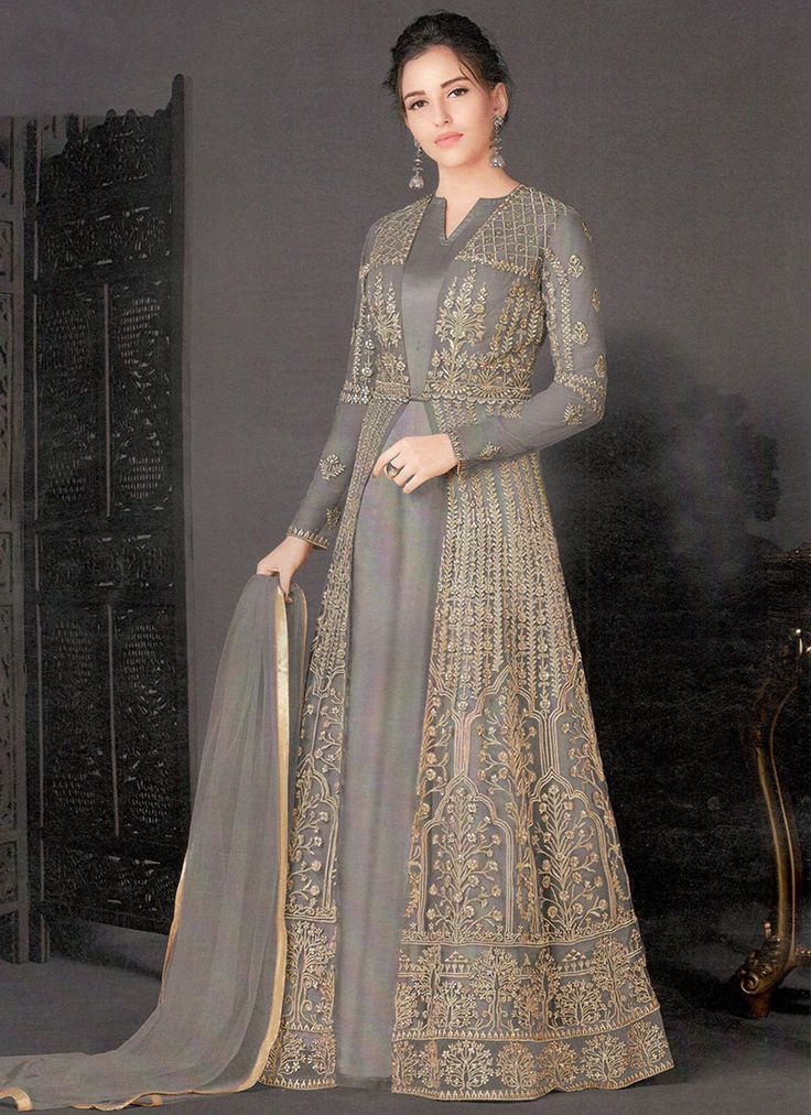 Dark Grey Net Anarkali Gown  #anarkaligown #ethnicgown #gown #ethnic #ethnicwear #indowesternoutfits #dresses #gowns #Cbazaar #StayStylishStayEthnoVogue Party Wear Gown, Indian Party Wear, Mode Abaya, Indian Gowns Dresses, Muslim Fashion Dress, Indian Gowns, Muslimah Fashion Outfits, Party Wear Indian Dresses, فستان سهرة