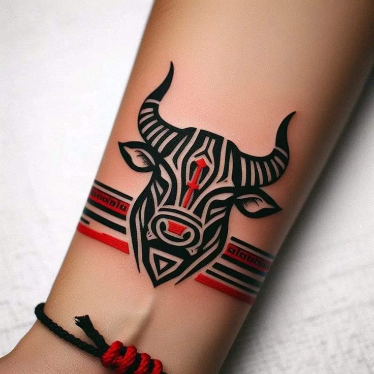 a tattoo on the arm of a woman with a bull head and red ribbon around it