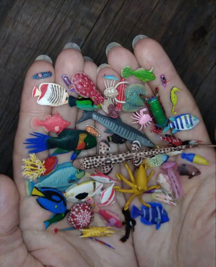 a person's hand holding several different types of toy fish and sea creatures in their palm