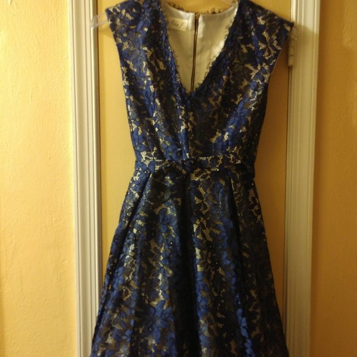 Belted Lace Dress Brand New Elegant Blue Fit And Flare Mini Dress, Blue Fit And Flare Formal Dress, Blue Fit And Flare Dress For Night Out, Evening Fit And Flare Blue Dress, Evening Blue Fit And Flare Dress, Purple Embellished Dress, Long Sleeve Sheath Dress, Eliza Dress, Printed Jersey Dress