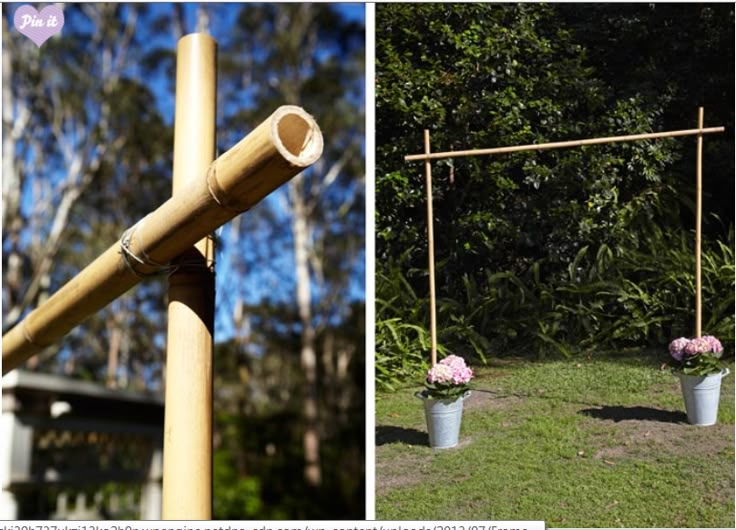 there are two pictures one is an outdoor swing and the other has flowers in buckets