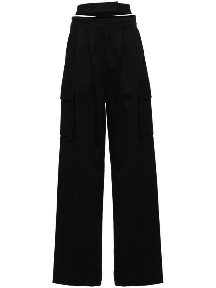 black stretch-cotton twill weave high-waisted two diagonal pockets to the sides two side cargo pockets two rear welt pockets wide leg hook and zip fly fastening Black Wide Leg Trousers, City Dress, Twill Weave, Flare Trousers, Cargo Pants Women, Summer Beach Wear, High Waisted Trousers, Black Stretch, Wide Leg Trousers