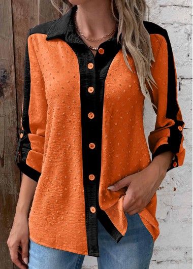 Color:Orange;Size:M;Size:L;Size:XL;Size:XXL;Package Contents:1 X Blouse;Occasion:Other;Style:Casual; Shirt Collar Blouse, Ladies Tops Blouses, Color Block Blouse, Orange Tops, Patch Work Blouse, Unique Blouse, Orange Blouse, Orange Shirt, Thanksgiving Outfit