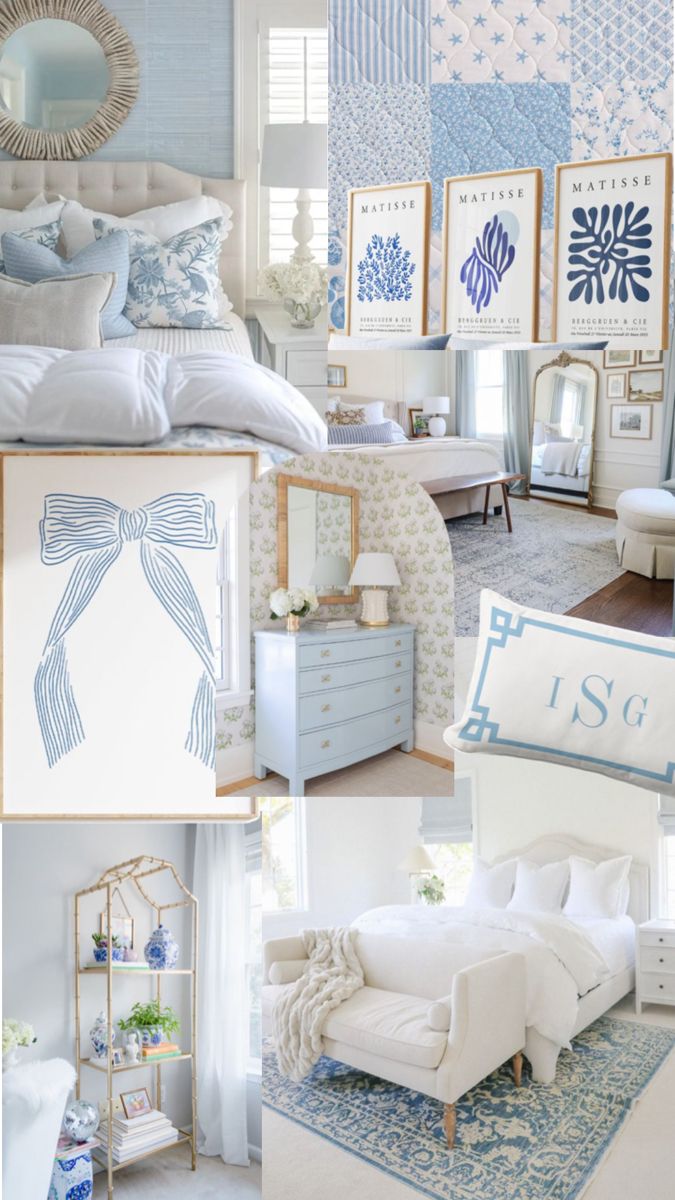 a collage of blue and white bedroom decor