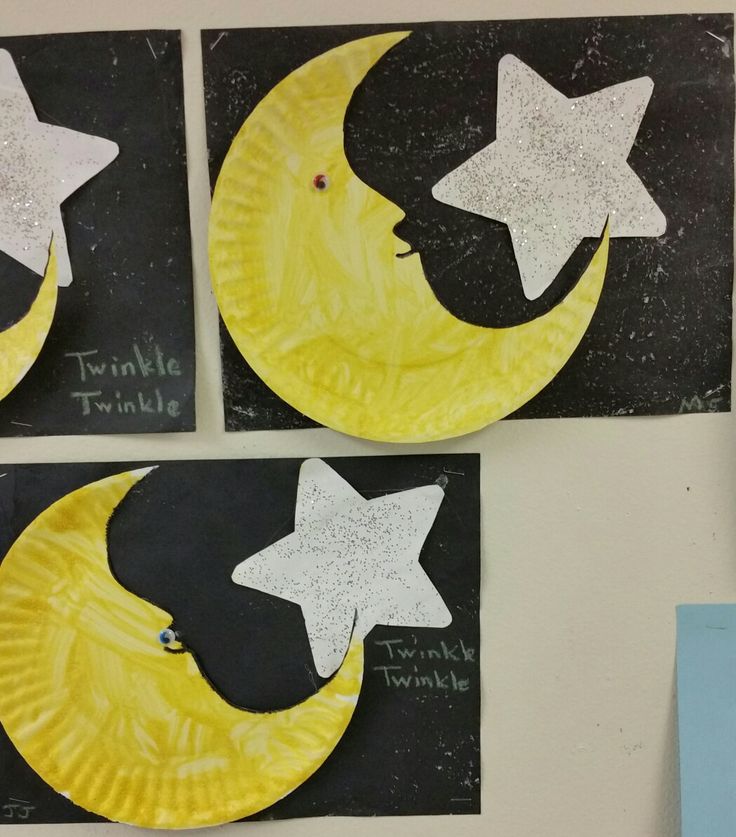 three paper plates with stars and moon cutouts on them, hanging from the wall