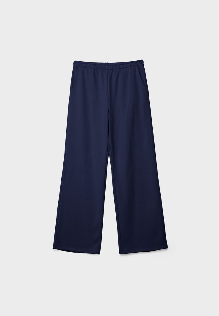 Wide-leg trousers with waistband detail - Women's Trousers | Stradivarius United States Versatile Relaxed Fit Dress Pants With Elastic Waistband, Summer Wide-leg Jeans With Side Pockets, Ankle-length Bottoms With Comfort Waistband, Versatile Wide-leg Sweatpants For Work, Versatile Workwear Bottoms With Comfort Waistband, Stretch Elastane Wide-leg Pants, Stretch Straight Leg Loungewear Pants, Casual Wide Leg Elastane Bottoms, Relaxed Fit Ankle-length Wide Leg Pants For Business Casual