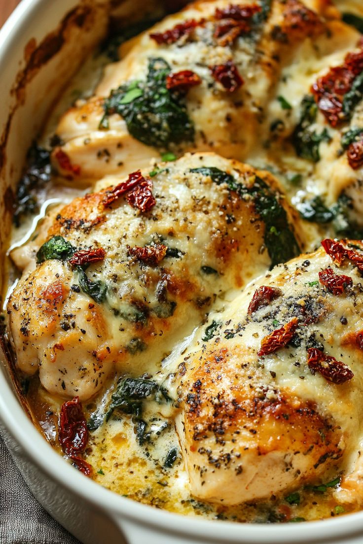 a casserole dish with chicken, spinach and cheese in it on a table