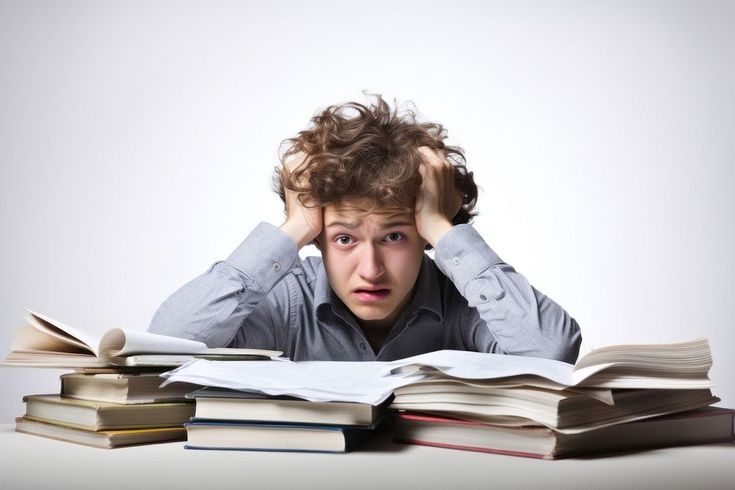 a young man sitting at a table with many books on top of his head and holding his hands to his ears