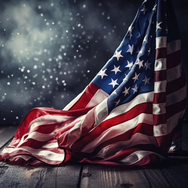 an american flag laying on top of a wooden floor in front of a dark background