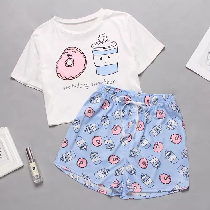 Super Cute Pajama Set Breathable Comfortable Fabric Polyester/Spandex Casual Cotton Sleepover Sets, Casual Cotton Sets For Sleepovers, Casual Cartoon Print Cotton Sleepwear, Casual Cotton Sleepwear With Cartoon Print, Casual White Sleepwear For Pajama Party, Casual Blue Sets For Pajama Party, Casual Short Sleeve Sets For Pajama Party, White Graphic Print Pajama Party Sets, Casual Blue Letter Print Sets