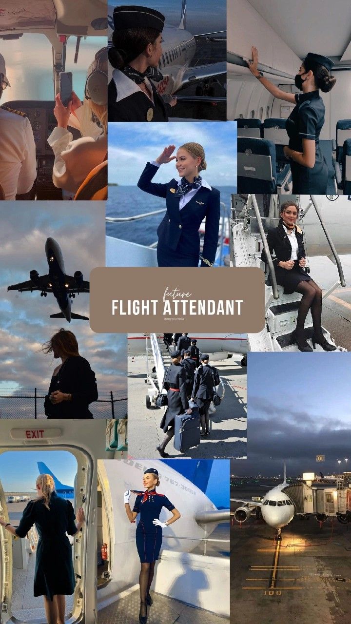 the collage shows many different people in flight outfits and uniforms, including an air hostess