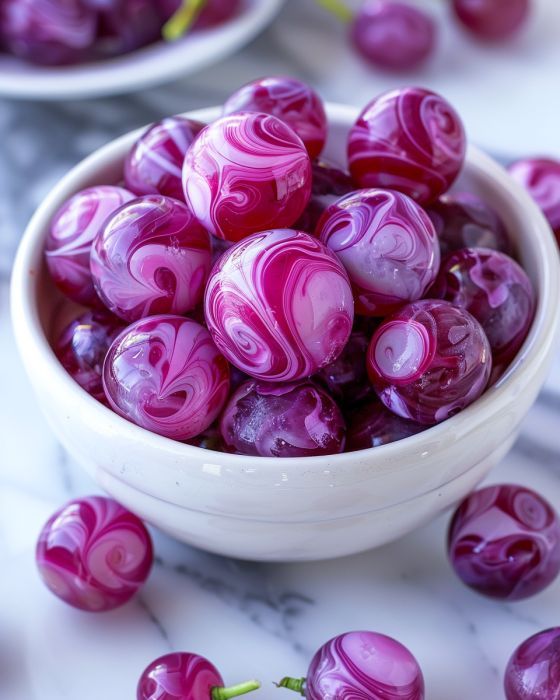 a white bowl filled with purple marbles on top of a table next to plates