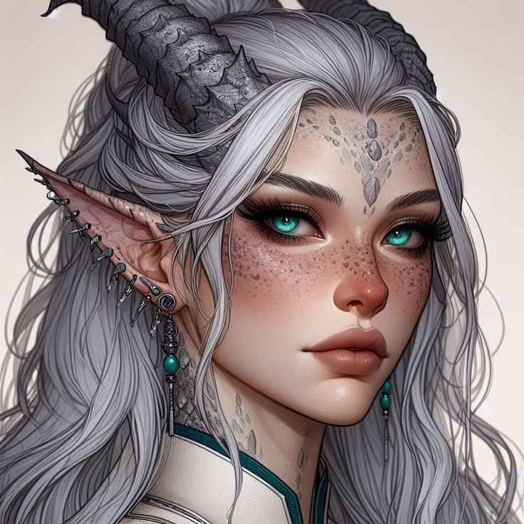 an illustration of a woman with long grey hair and horns on her head, wearing green eyes