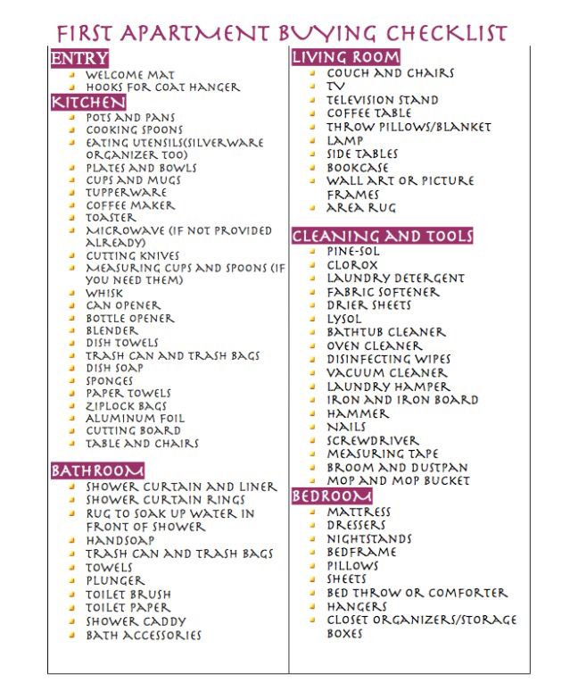 the first apartment buying checklist is shown in red and white, with words above it