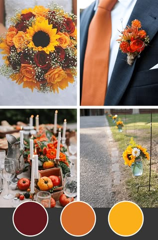 an orange and yellow wedding color scheme with sunflowers, roses, pumpkins