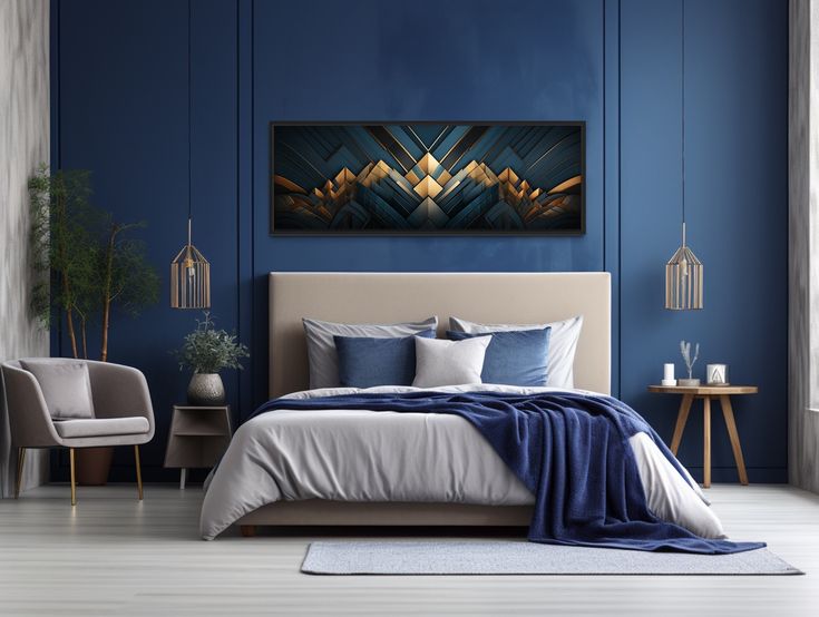 a bedroom with blue walls and white flooring has a large painting on the wall