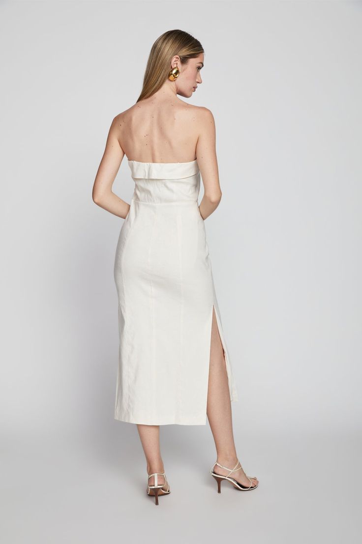 Strapless midi length linen dress. Chic Midi Dress For Cocktail, Chic Linen Dress With Fitted Bodice, Chic Linen Mini Dress For Date Night, Sleeveless Linen Dress For Date Night, Chic Tea-length Dresses For Brunch, Linen Midi Dress For Brunch, Chic Linen Dress For Date Night, Chic Tea Length Midi Dress For Spring, Chic Midi Dress For Brunch With Straight Neckline