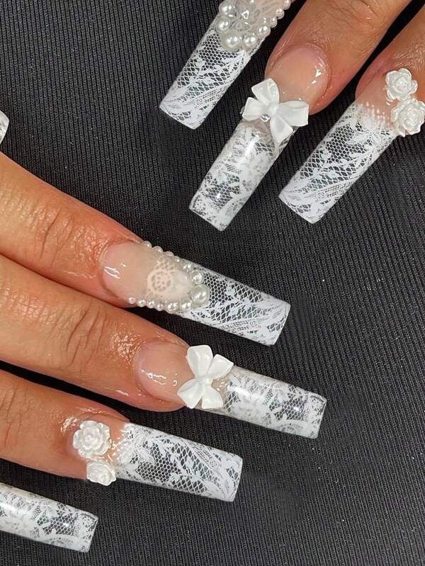 Buscar Press Nails | SHEIN White And Bling Nails, Acrylic Nails With 3d Design, Lace Acrylic Nails, Lace Nails Designs, White Nail Sets, White Bow Nails, Lace Wedding Nails, Nails Lace, Lace Pattern Design