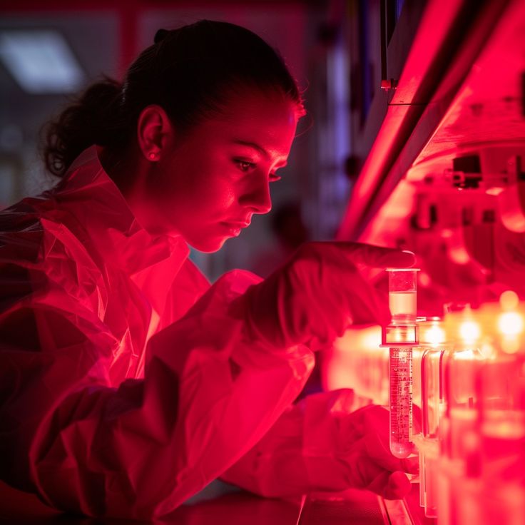 a woman working in a lab with red light