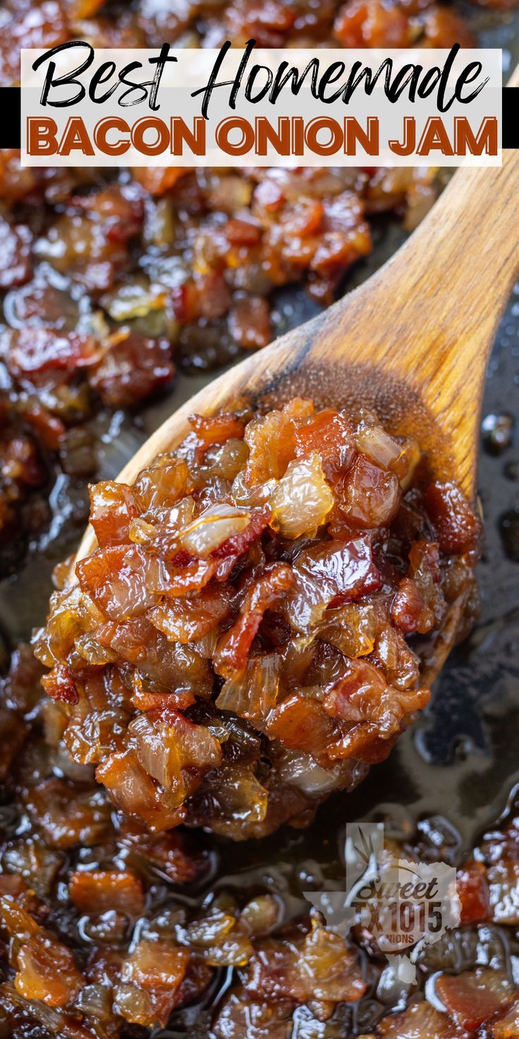 A spoon in scooping up a homemade bacon onion jam from a skillet. Bacon Onion Jam For Burgers, Keto Bacon Jam Recipe, Recipe For Bacon Jam, Delicious Miss Brown Bacon Jam, Bacon Jam Recipe For Burgers, Bacon And Onion Jam, Bacon Jelly Recipe, Bacon Marmalade Recipe, Sweet Bacon Recipes