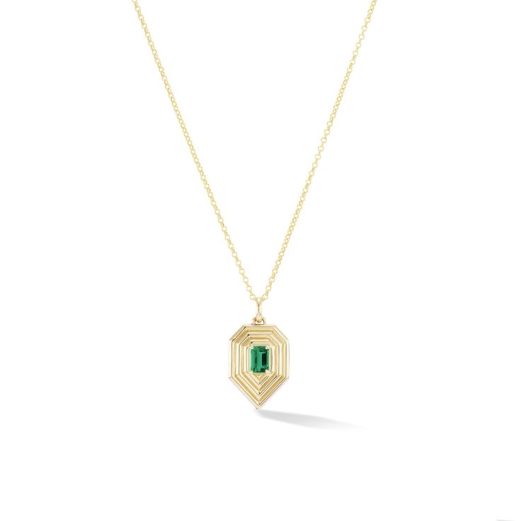 Edgy and fun in a beautiful geometric teardrop shape featuring a solitaire emerald-cut gemstone. This necklace layers well and comes on an 18-20" chain. Customized in your birthstone. 14K Emerald-cut natural birthstone 18-20" Chain Pendant is 14mm wide x 26mm long including bail **Available in Diamond upon request. Please inquire for pricing. We use natural gemstones making each piece unique. The color and characteristics of each stone may vary slightly from image and piece to piece. Please allo Necklace Layers, Baguette Necklace, Jewellery Design Sketches, Emerald Pendant, Teardrop Necklace, Yellow Gold Chain, Fine Jewelry Designers, June Birth Stone, Chain Pendant