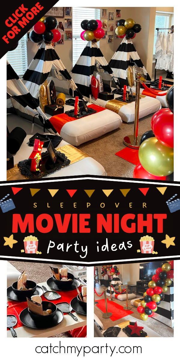 a movie night party with balloons and decorations