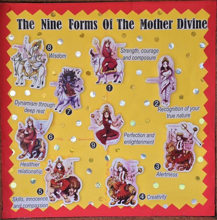 the nine forms of the mother divine on a yellow and red bulletin board with gold confetti