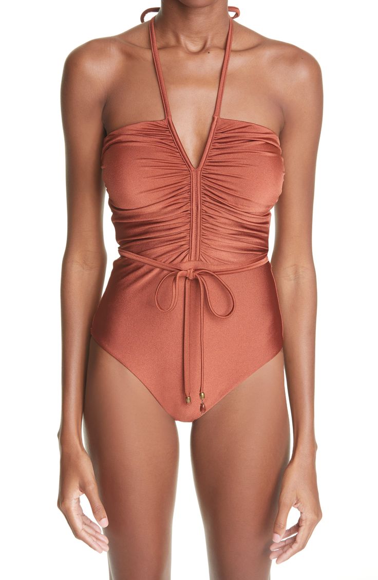 Moda Academia, Swimwear 2024, Halter One Piece Swimsuit, Swim Fashion, 70s Inspired, High Fashion Street Style, Tie Belt, Designer Outfits Woman, Look Fashion