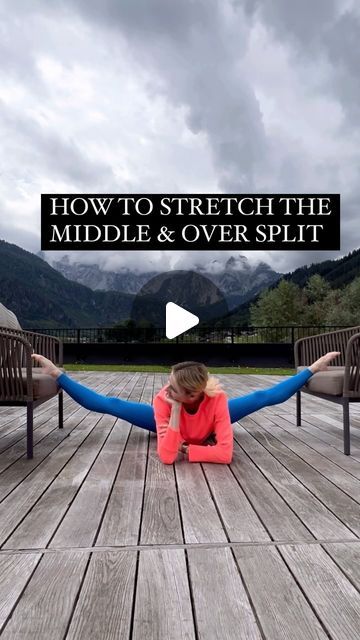 a woman laying on the ground with her legs spread out in front of her and text overlay how to stretch the middle & over split