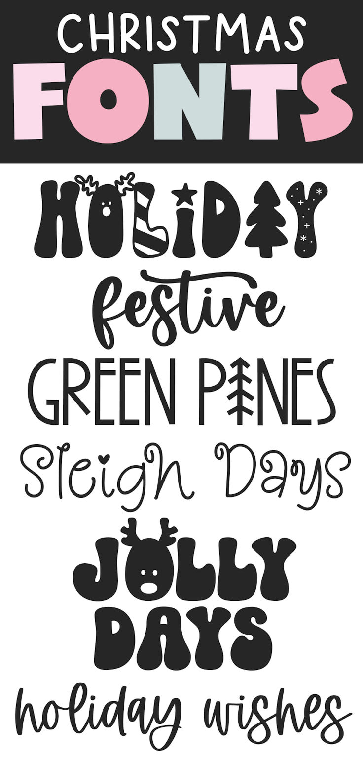 some type of font that is in different colors and sizes, with the words christmas fonts