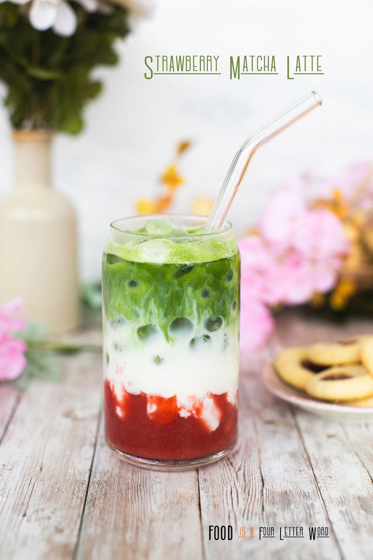 a drink with strawberries, matcha latte and cucumber in it