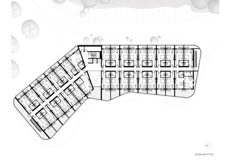 an architectural drawing shows the floor plan for a building with multiple floors and several balconies