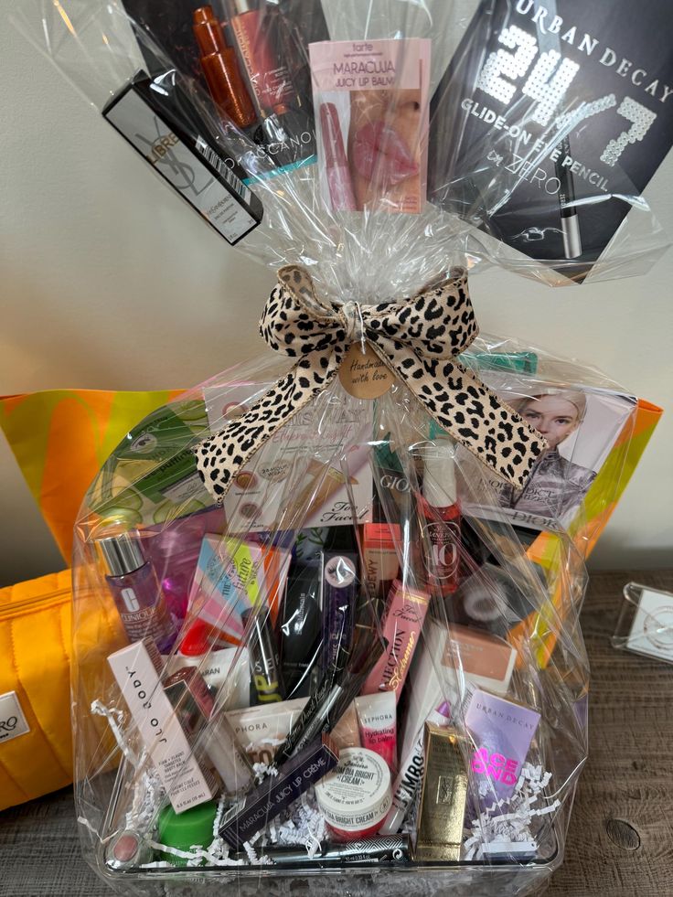 a basket filled with lots of beauty products