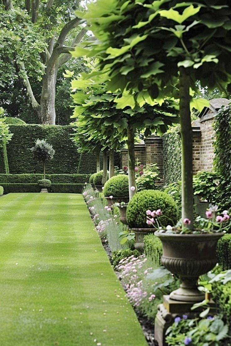 a lush green lawn surrounded by trees and bushes