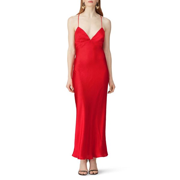 Red satin (100% Polyester). Gown. Sleeveless. V-neckline. Hidden center back zipper closure. Partially lined. 56" from shoulder to hemline. Imported. V-neck Bias Cut Slip Dress For Gala, Elegant Satin Lined Slip Dress, Elegant Satin Slip Dress With Lining, Bias Cut V-neck Slip Dress For Gala, Satin Sleeveless Maxi Dress For Red Carpet, Sleeveless Satin Maxi Dress For Red Carpet, Formal V-neck Slip Dress With Satin Finish, Elegant Lined V-neck Slip Dress, Elegant Satin Maxi Dress For Red Carpet