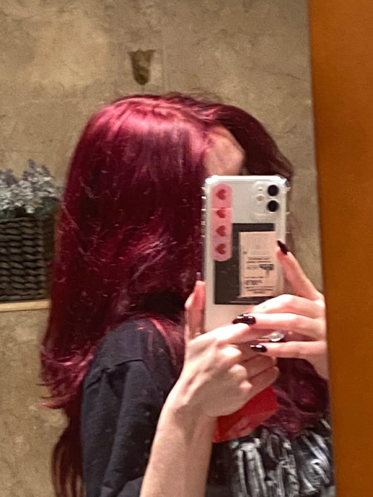 Cherry Red Hair Aesthetic, Red Hair Medium Length, Reddish Pink Hair, Red Velvet Hair, Cherry Red Hair, Red Dye, Wine Red Hair, Wine Hair, Red Hair Inspo