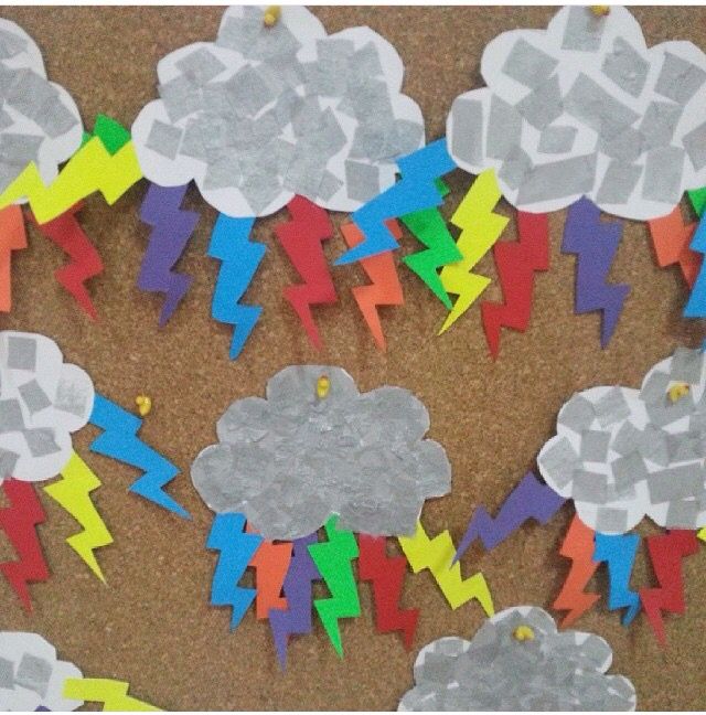 some paper clouds and lightnings on a bulletin board