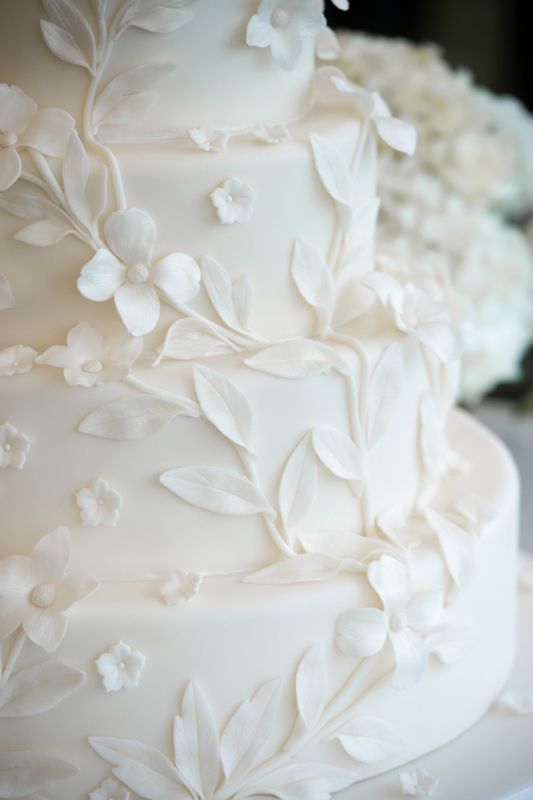 a wedding cake with white flowers on it