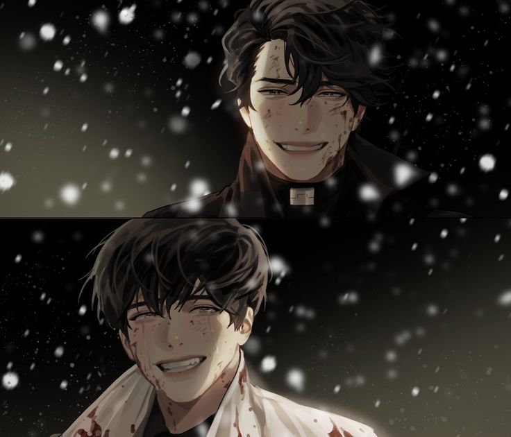 two anime characters in the snow one is smiling and the other has blood on his face