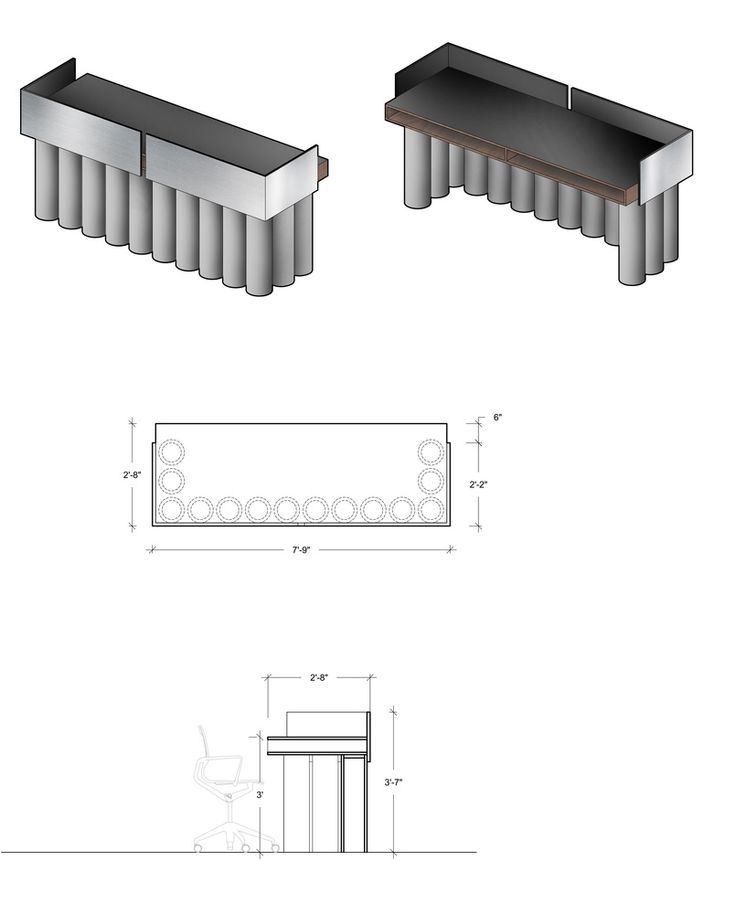 an architectural drawing of a table and bench, with the top section drawn out to show how it would look