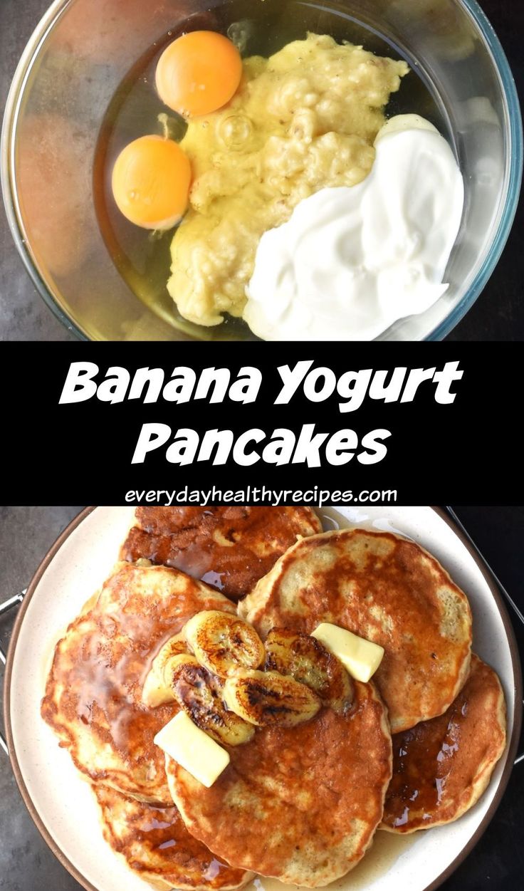 Eggs, yogurt and mashed banana in bowl and banana yogurt pancakes on plate. Banana Oatmeal Yogurt Pancakes, Clean Banana Recipes, Healthy Energy Breakfast Ideas, Healthy Banana Protein Pancakes, We Banana Pancakes, Pancakes Made From Bananas, Breakfast Ideas For Early Mornings, Banana Egg Recipes, Yogurt Eggs Breakfast