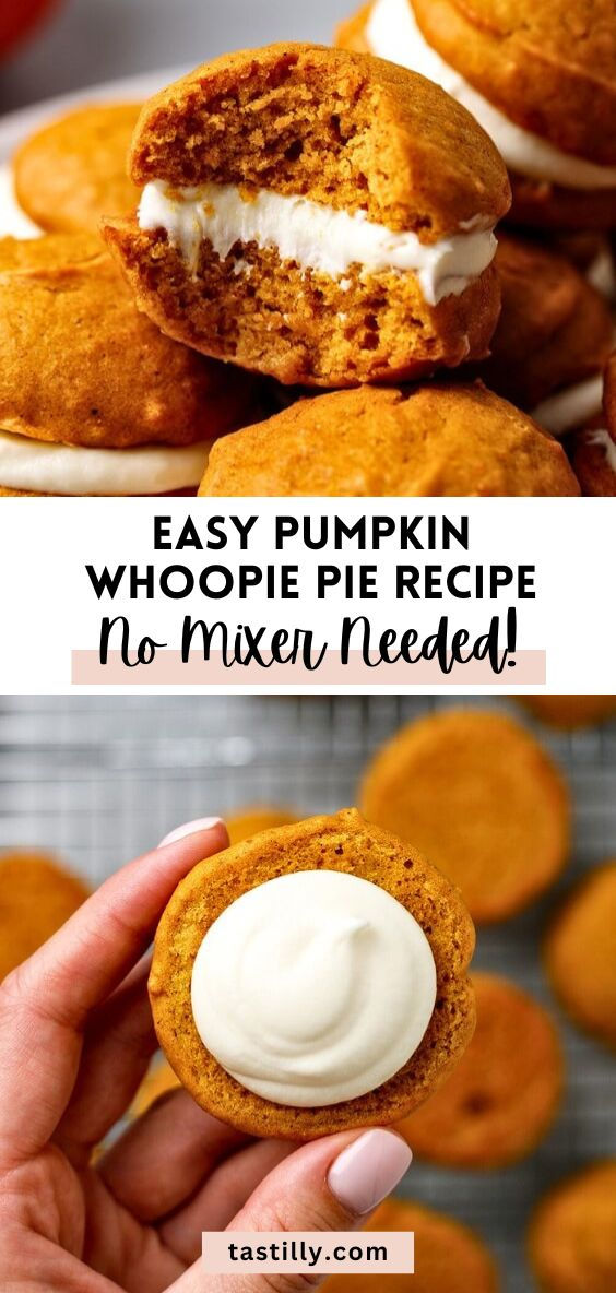 pumpkin whoopie pie recipe with cream cheese frosting on top and in between