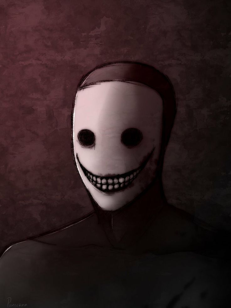 a man with a creepy smile on his face in front of a dark background, wearing a white mask