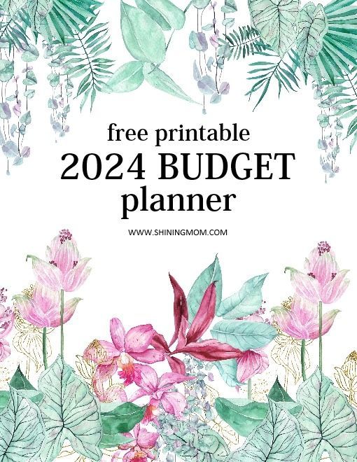 the free printable 2021 budget planner is shown with pink flowers and green leaves on it