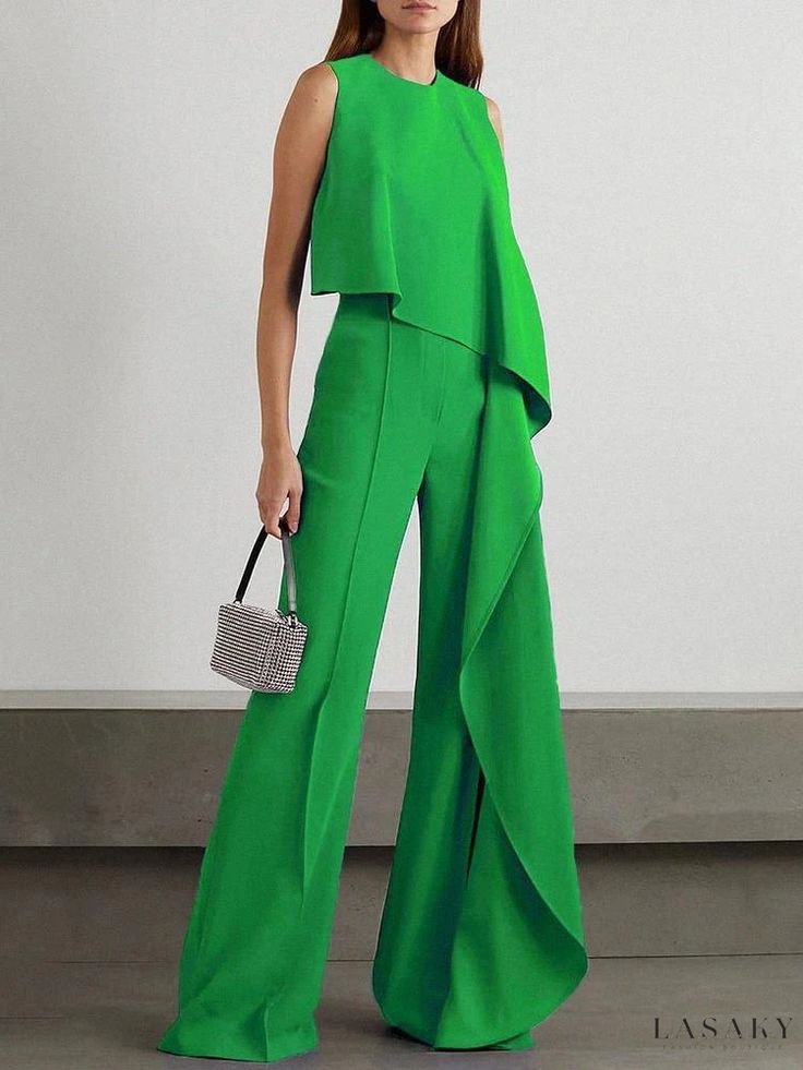 Lasaky - Contemporary Platform Jumpsuit Jumpsuit Casual, Party Kleidung, Green Jumpsuit, Jumpsuit Party, Irregular Hem, Casual Jumpsuit, Jumpsuit Fashion, Sleeveless Jumpsuits, Women Pants Casual