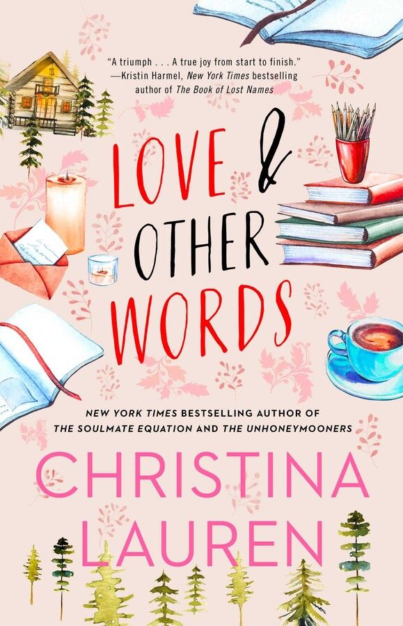 the cover of love and other words, featuring books on pink paper with trees in the background