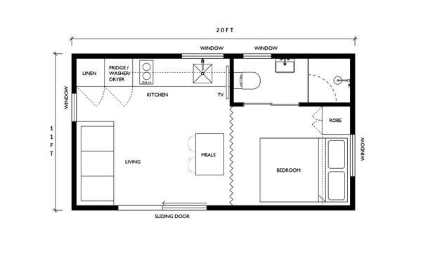 the floor plan for a small cabin with one bedroom and an attached living room area